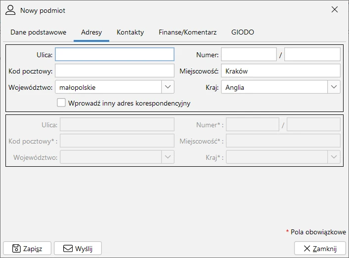 Podmiot - adresy