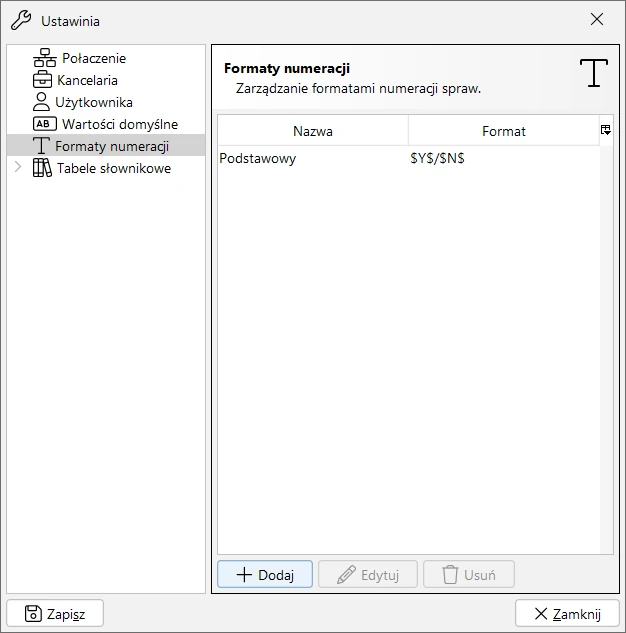 Ustawienia - formaty numeracji